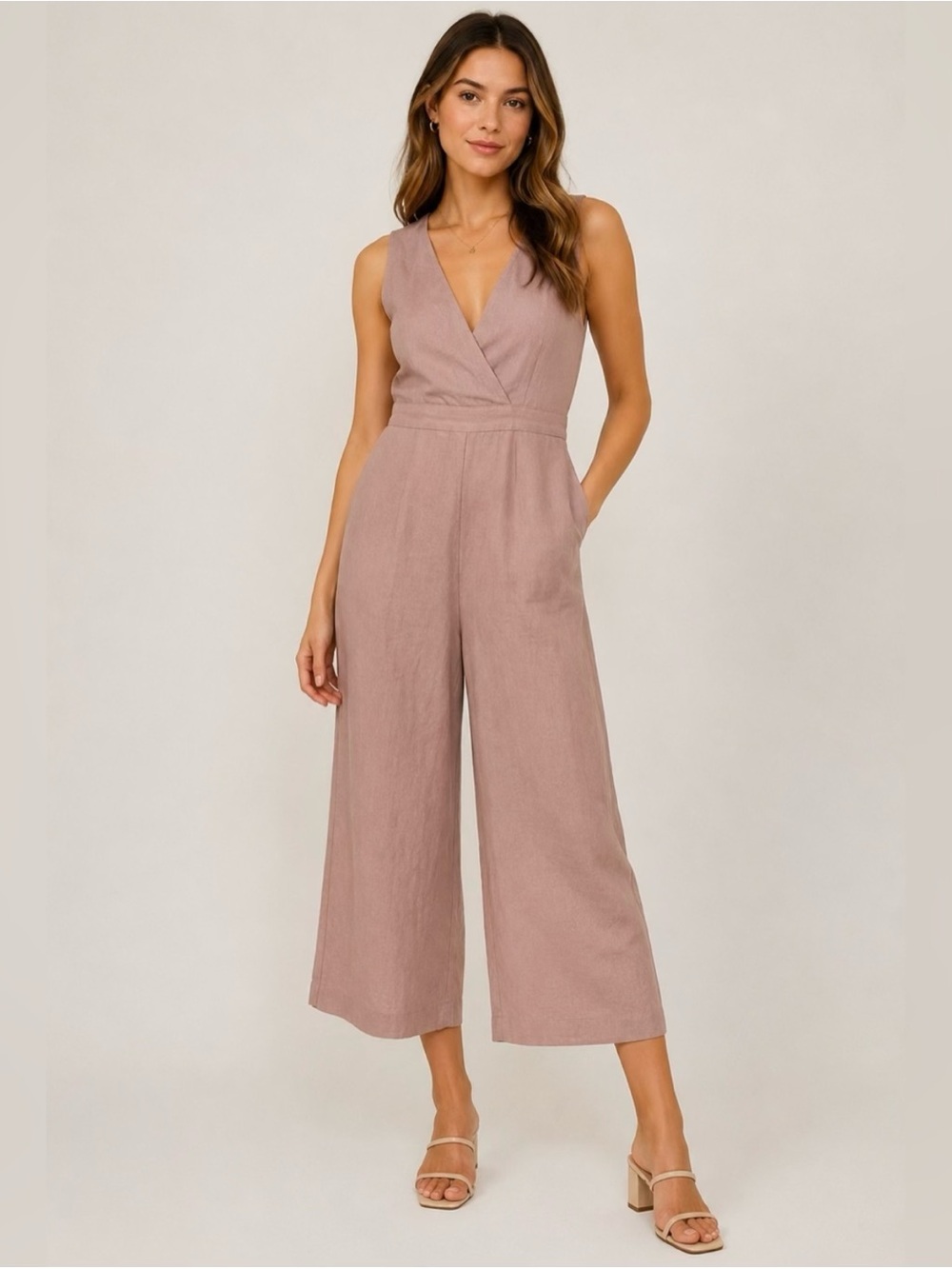 Avec Les Filles size 6 Dusty Pink Sleeveless Linen Blend Wide Leg Jumpsuit